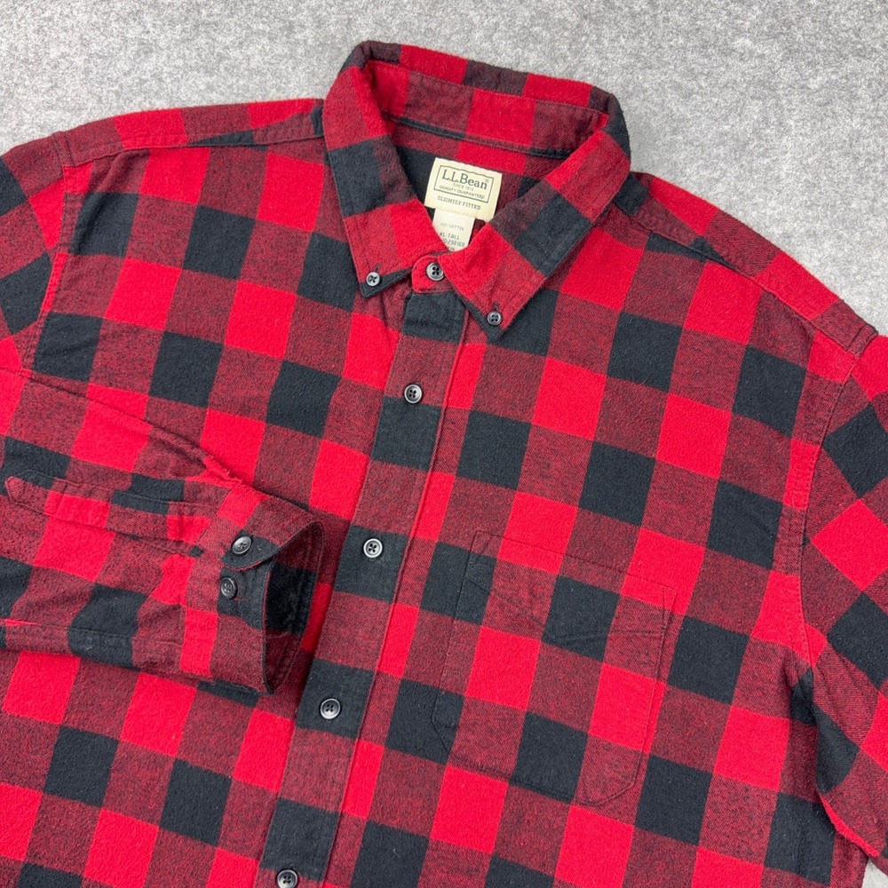 LL Bean Flannel Shirt Mens XL Red Buffalo Plaid Scotch Slightly Fitted Outdoor